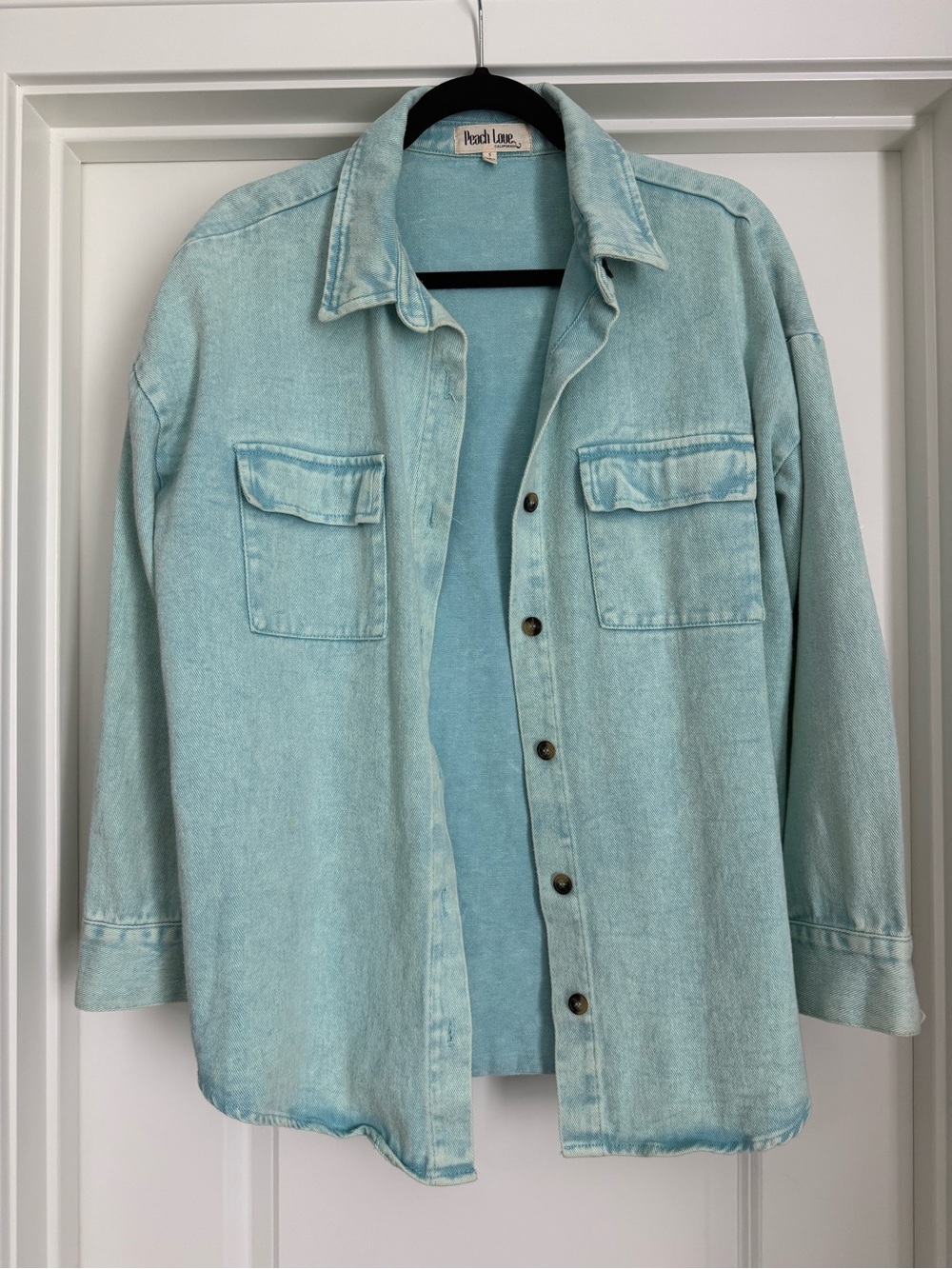 Peach Love California Pale Aqua Denim Shirt Jacket